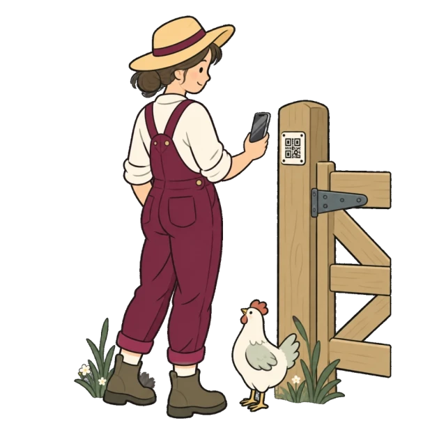 A farmer scans a checkpoint label on a gate while a hen watches.