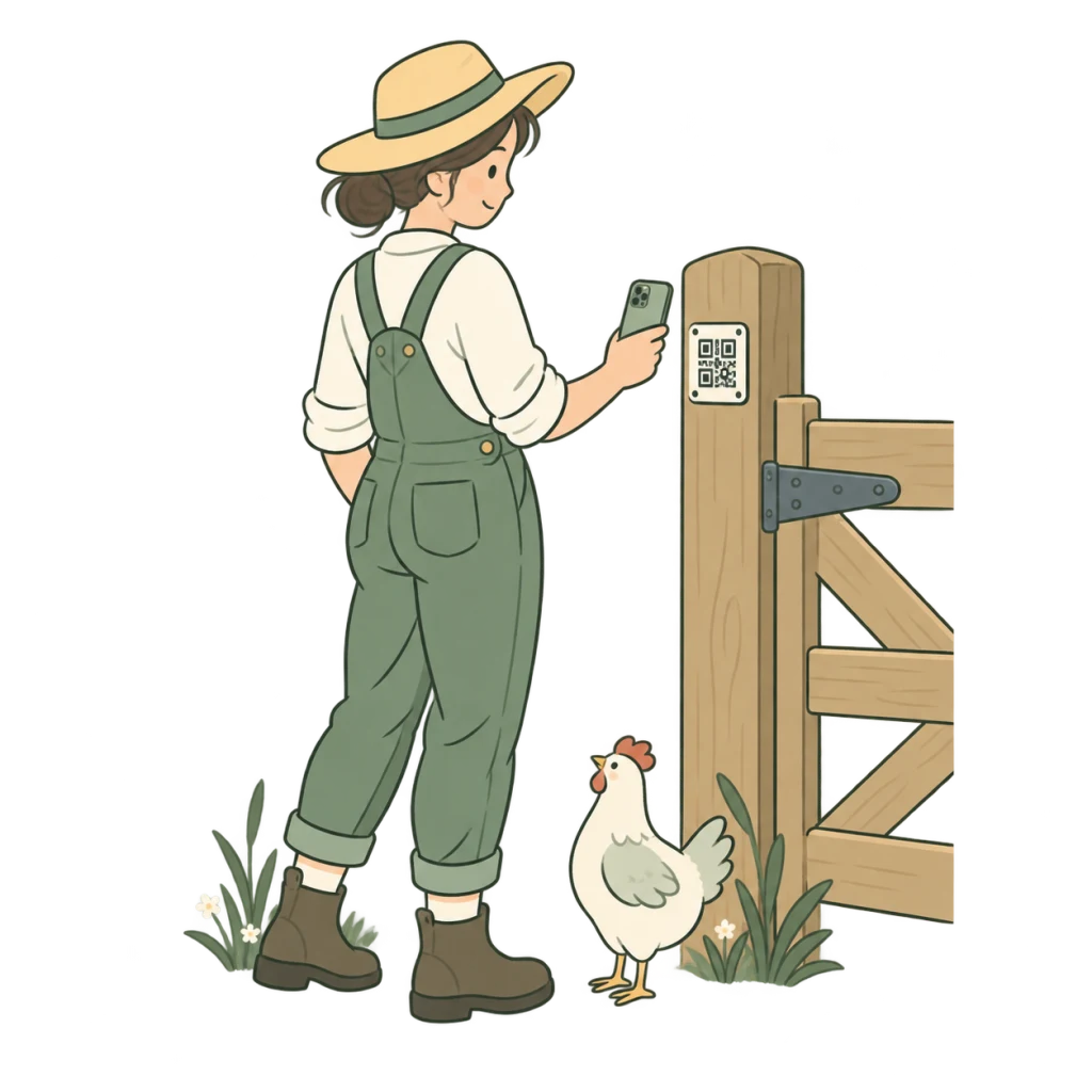 A farmer scans a checkpoint label on a gate, with a curious hen keeping company.
