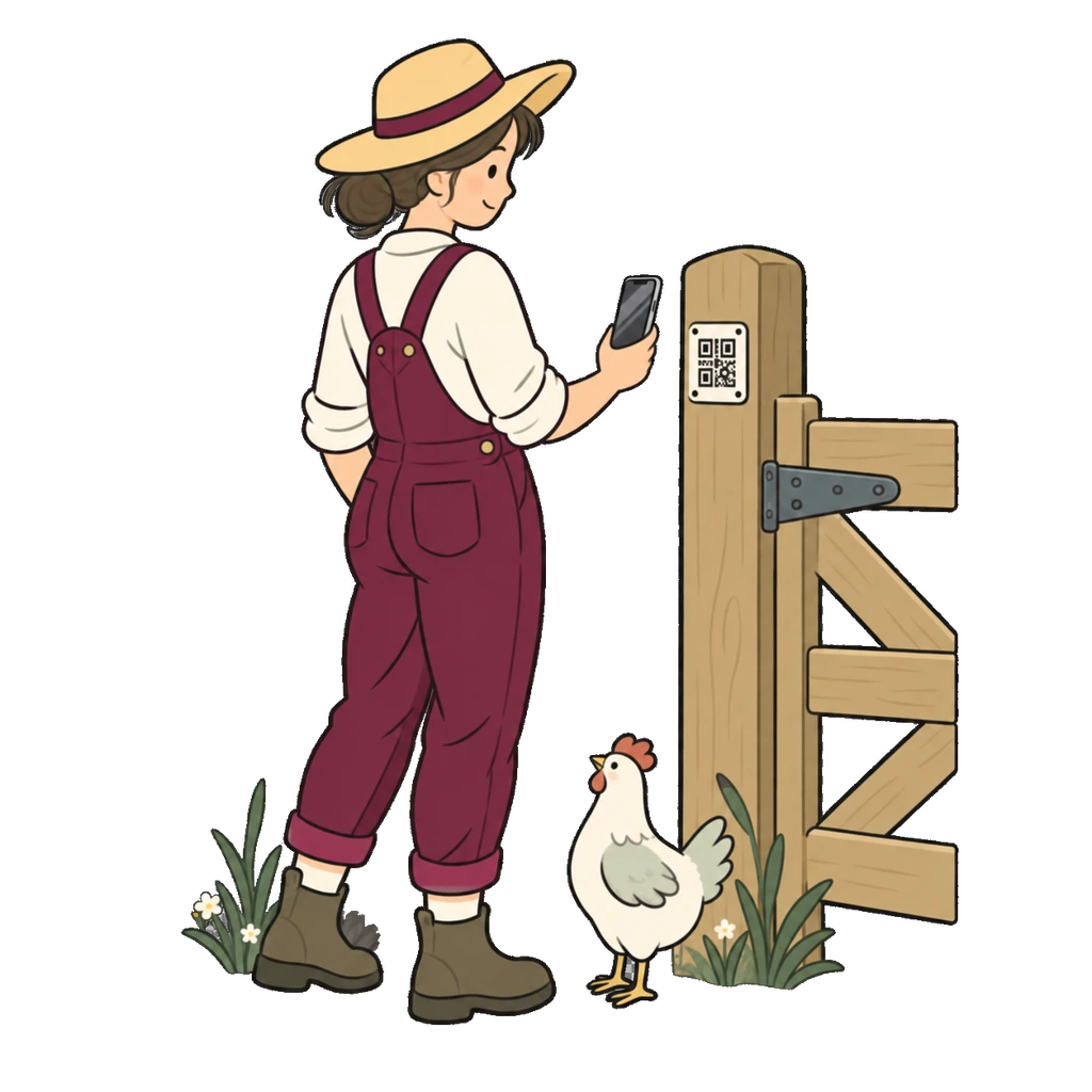 A farmer scans a checkpoint label on a gate while a hen watches.