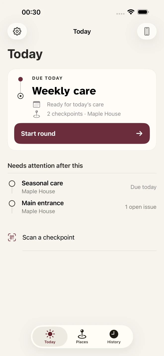 The Rounds Today screen showing a round due today, the checkpoints that need attention next, and a shortcut to scan a checkpoint.