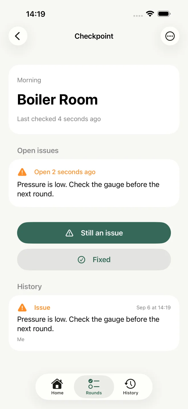 An open Boiler Room issue with a pressure note, history, and a Fixed button. Issue reporting is a Pro feature.