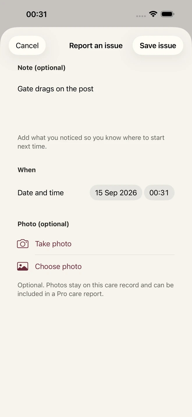 Report an issue for Garden gate with an optional note and photo.