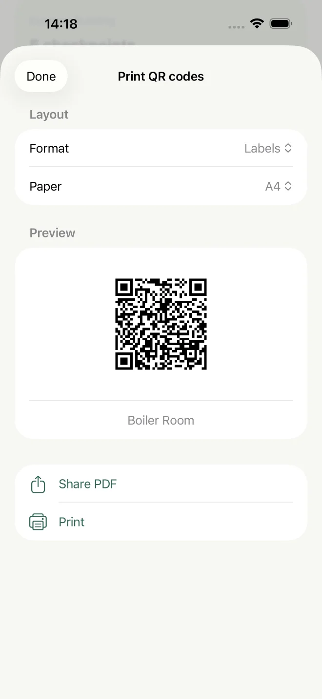 Print QR codes in Rounds: a Boiler Room label ready to share as a PDF or print.