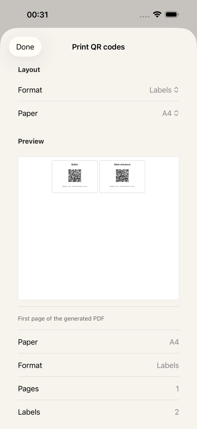 Print standard QR labels in Rounds for checkpoints in a place.