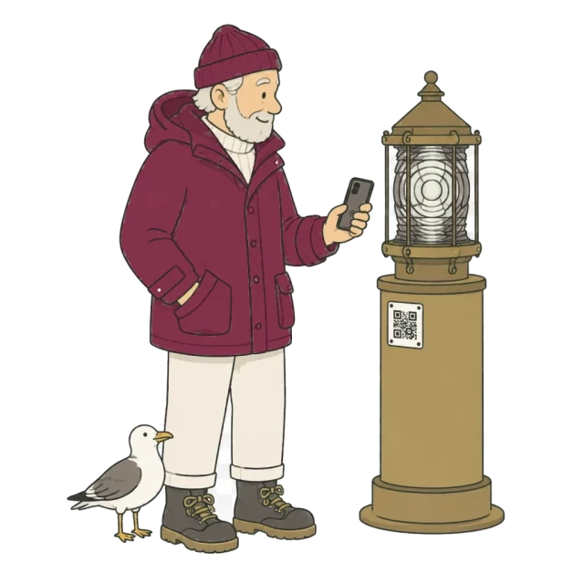 A lighthouse keeper checks a labelled lantern while a gull stands nearby.