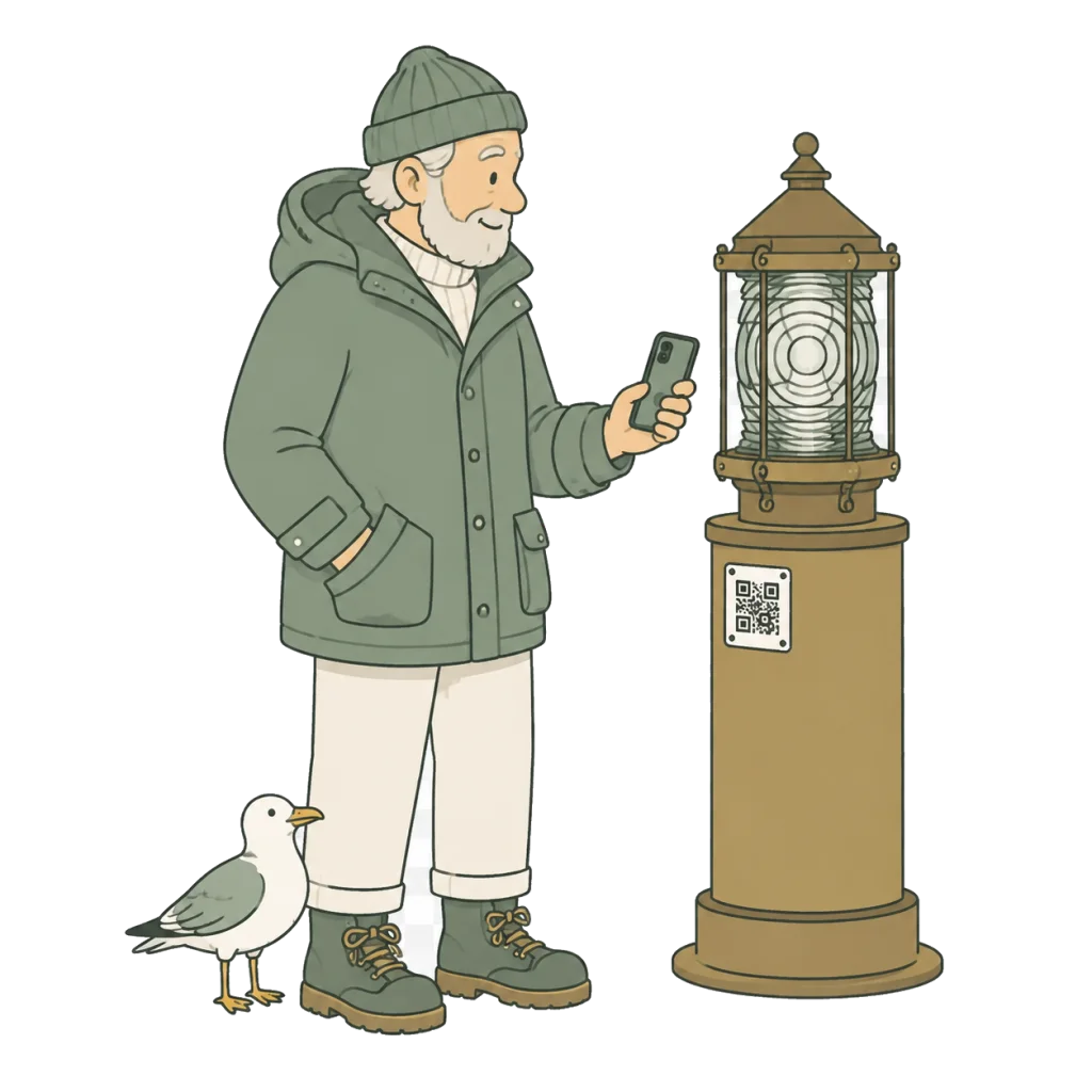 A lighthouse keeper checks a label beside the lantern, with a curious gull nearby.