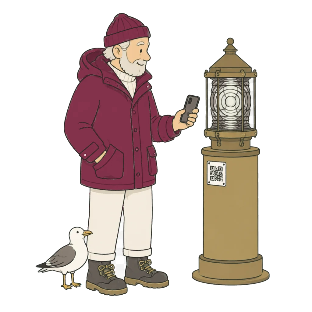 A lighthouse keeper checks a labelled lantern while a gull stands nearby.