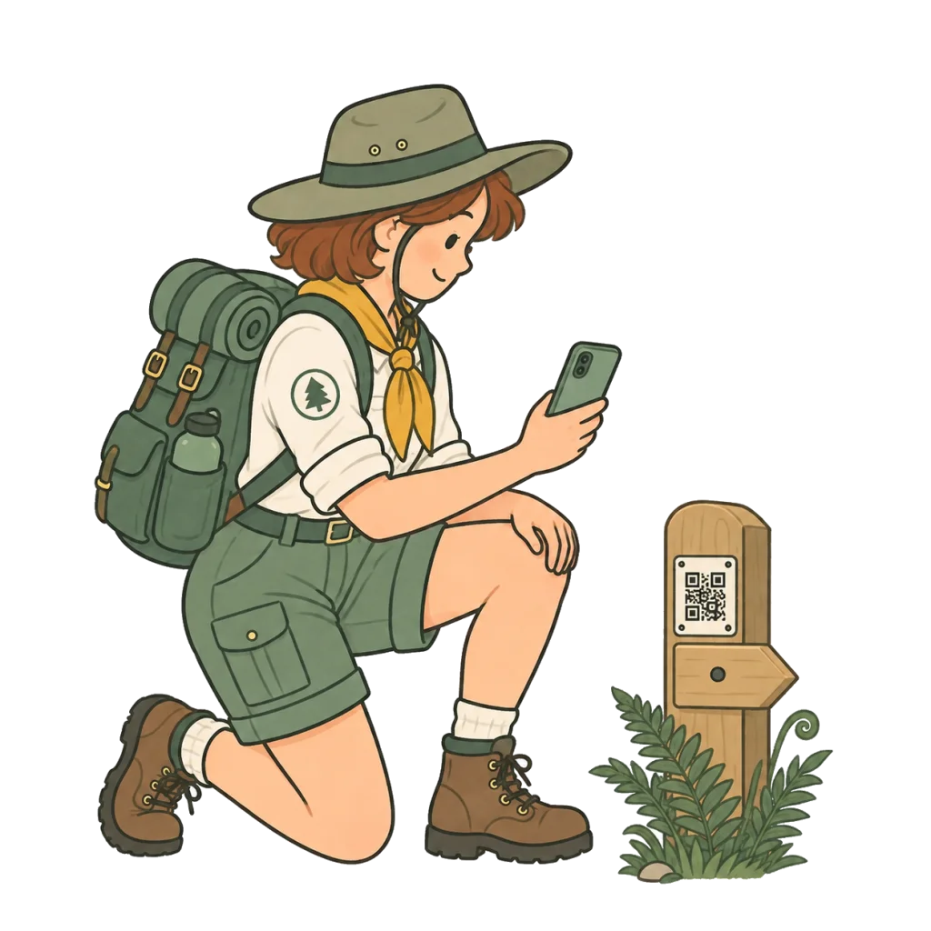 A scout leader kneels beside a low wooden trail marker to scan its checkpoint.