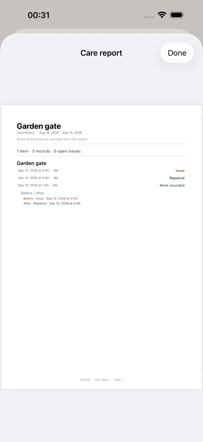A date-range care report preview for Garden gate, ready to review before export.